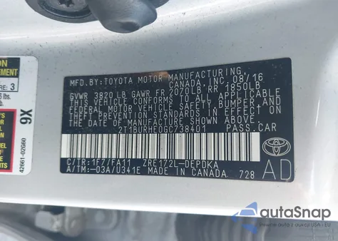 2016 Toyota Corolla L from USA, damaged, VIN 2T1BURHE0GC738401